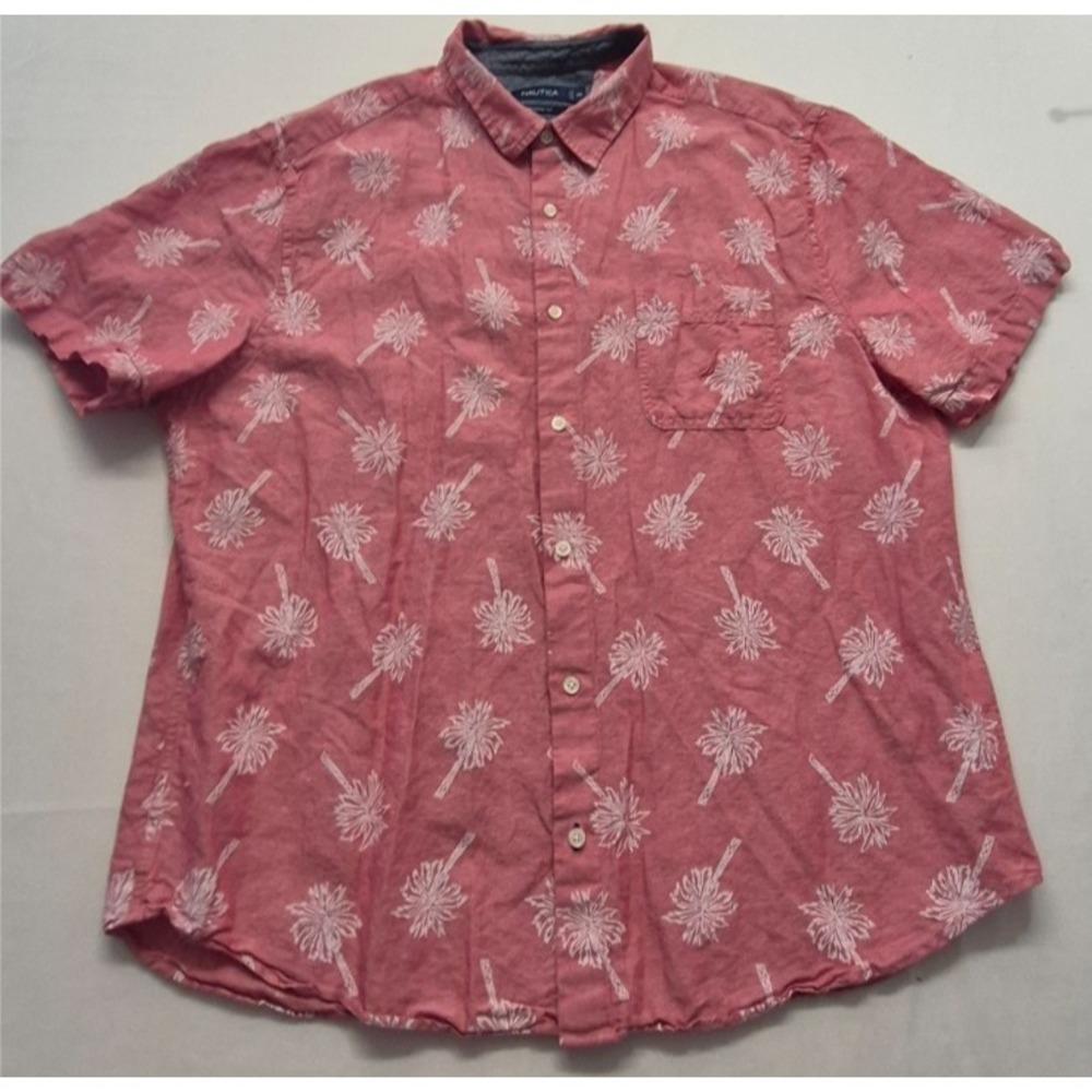 Nautica men's 2XL short sleeve palm tree print shirt coral pink linen blend